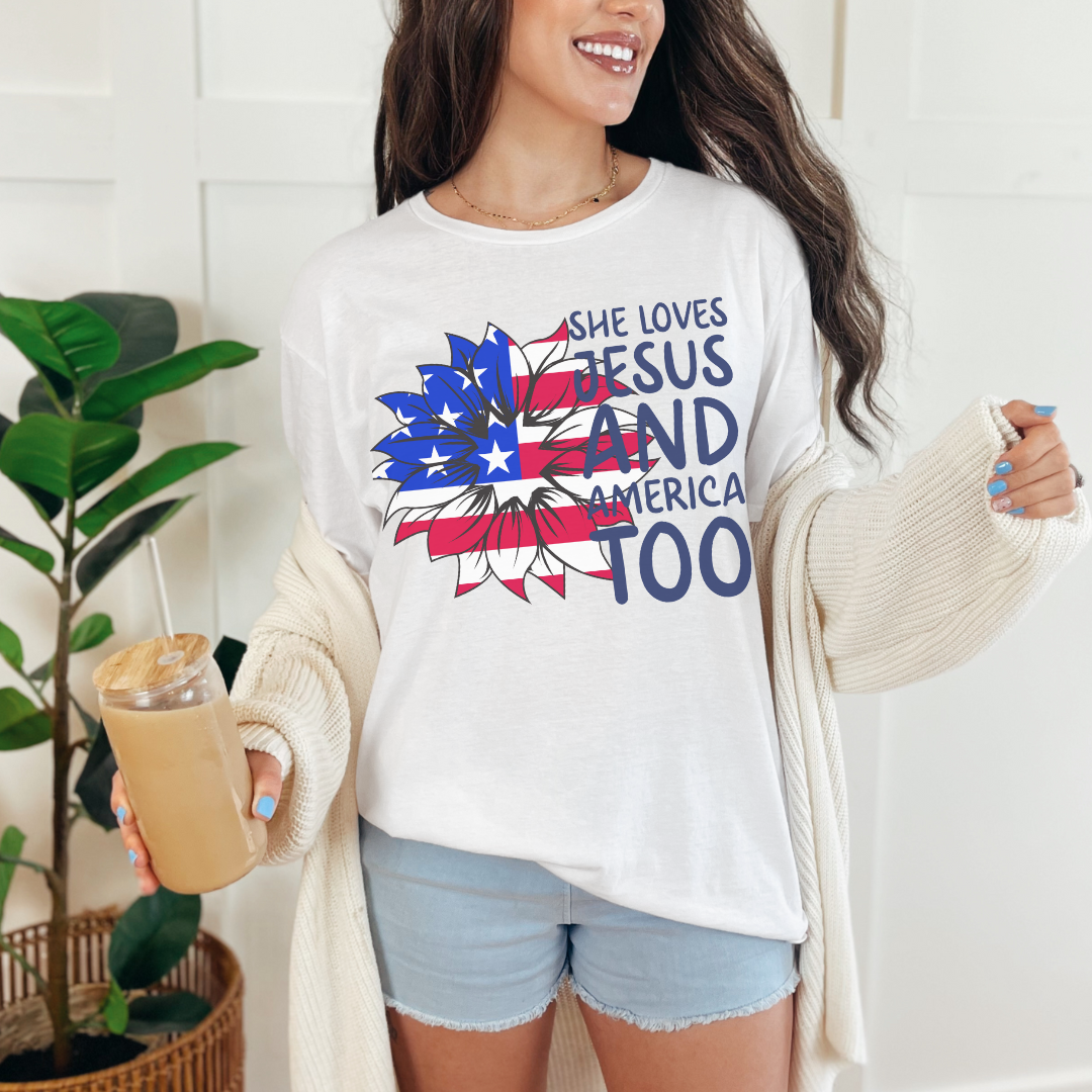 4TH Of July She Loves Jesus Flower Flag Patriotic T-Shirt