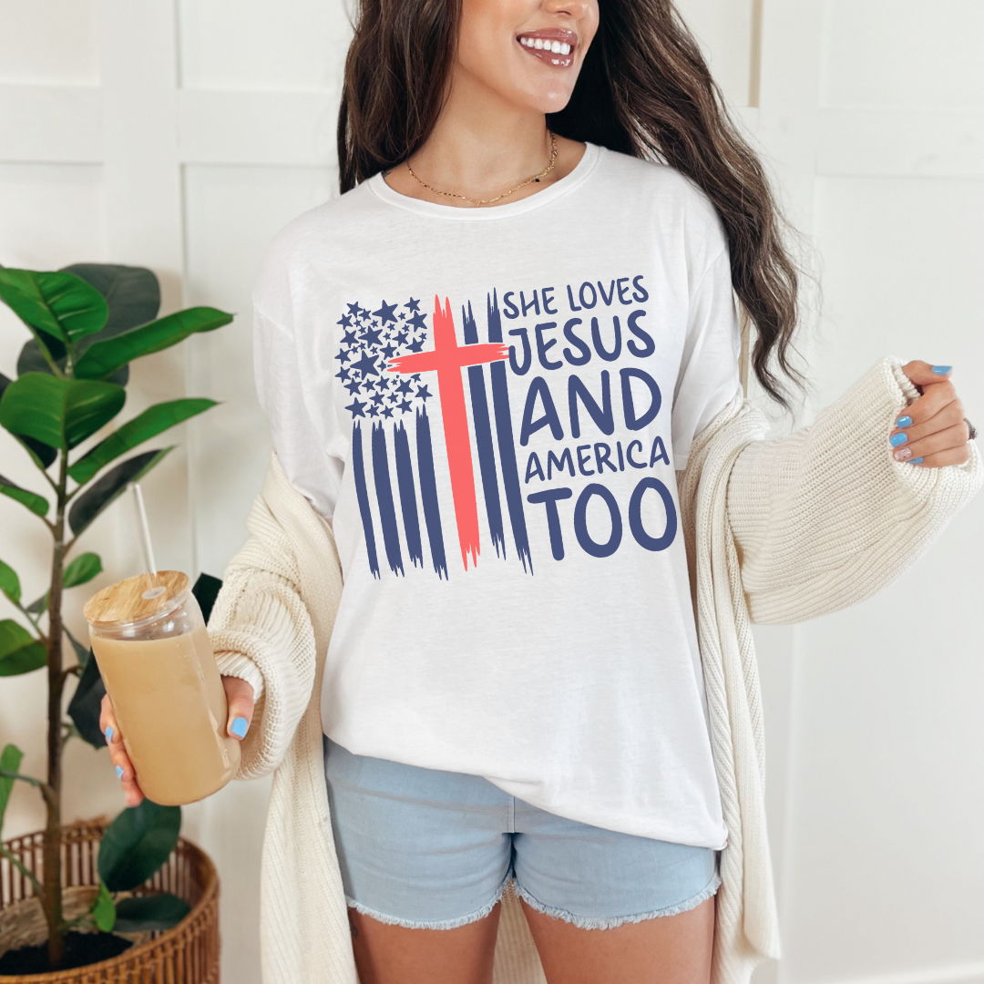 4TH Of July She Loves Jesus Flag Cross Patriotic T-Shirt