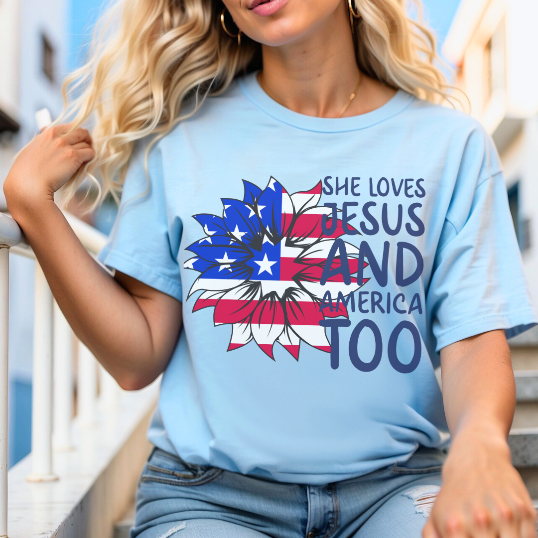 4TH Of July She Loves Jesus Flower Flag Patriotic T-Shirt