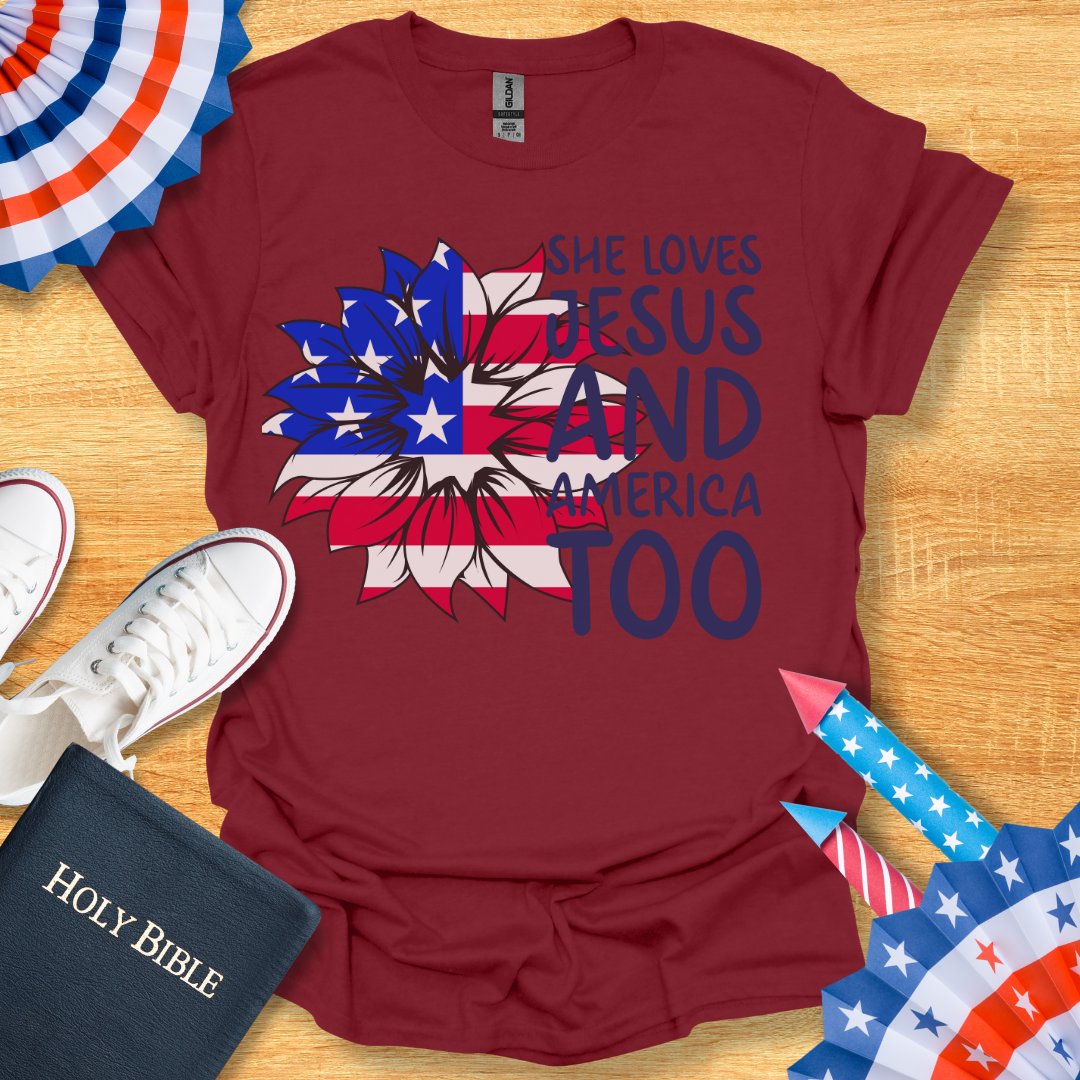 4TH Of July She Loves Jesus Flower Flag Patriotic T-Shirt