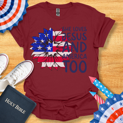 4TH Of July She Loves Jesus Flower Flag Patriotic T-Shirt