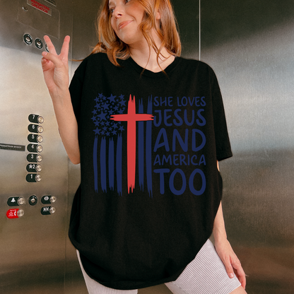 4TH Of July She Loves Jesus Flag Cross Patriotic T-Shirt