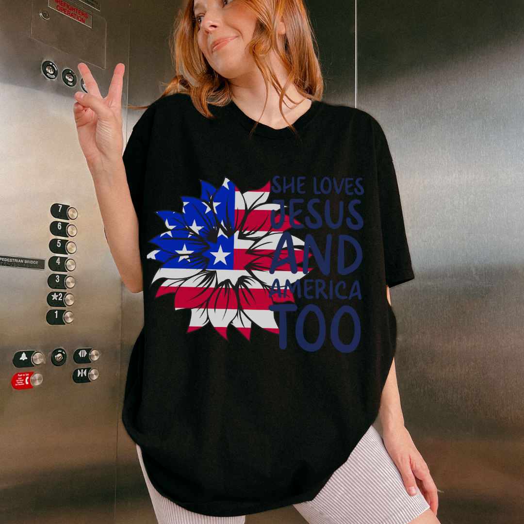 4TH Of July She Loves Jesus Flower Flag Patriotic T-Shirt