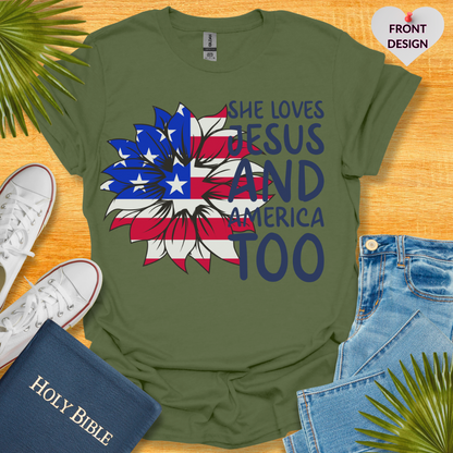 4TH Of July She Loves Jesus Flower Flag Patriotic T-Shirt